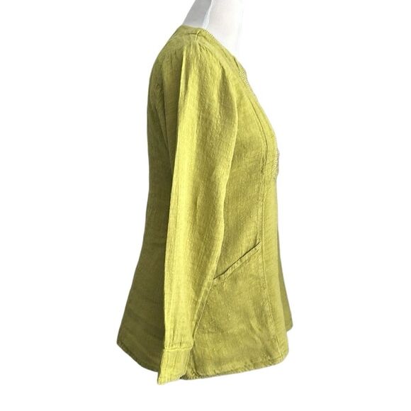 FLAX 100% LINEN “ I Am Happy” Embroidered Long Sleeve Top Lime Green Size S - Picture 3 of 9